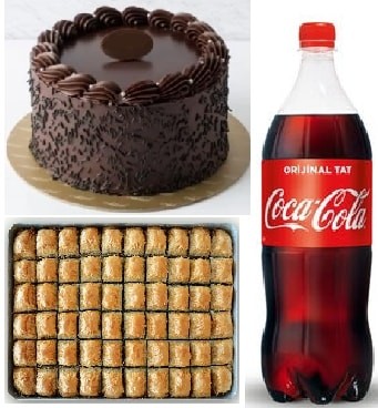 Klasik Çikolatalı Yaş Pasta 1 kg Cevizli Baklava ve 1 Litre Cola Uşak pasta